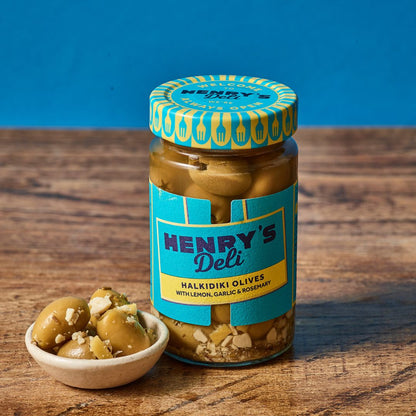 Halkidiki Olives with Lemon, Garlic & Rosemary